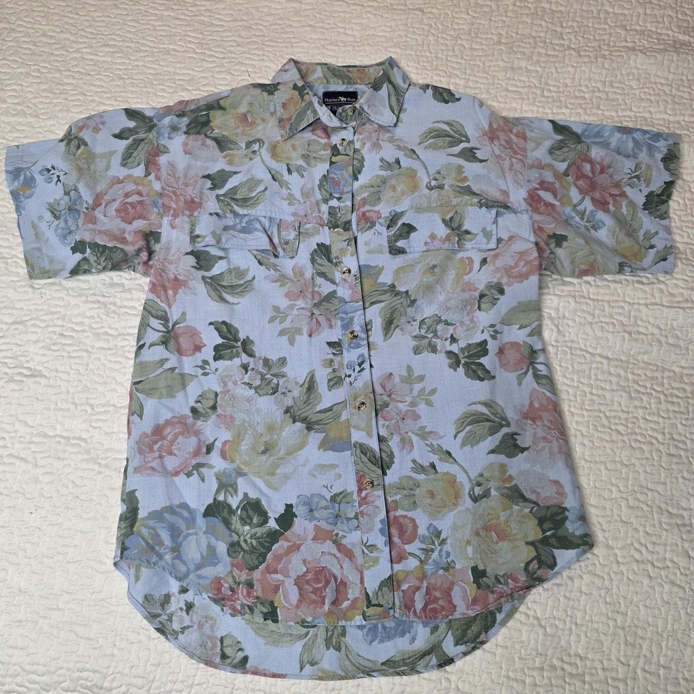 Vintage Hunter's Run Floral Button‎ Up Shirt Medium Pastels Hawaiian Chambray